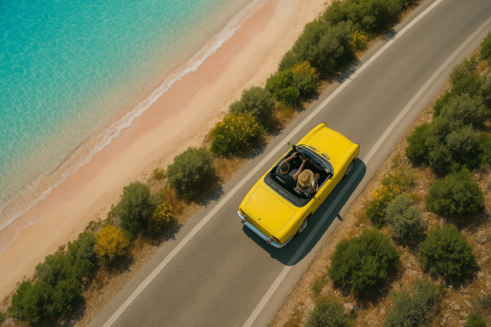 Coastal road along a beach near Chania, Crete, seen from above