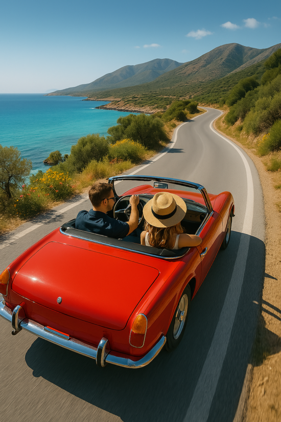 Driving a convertible on a coastal road in Chania, Crete